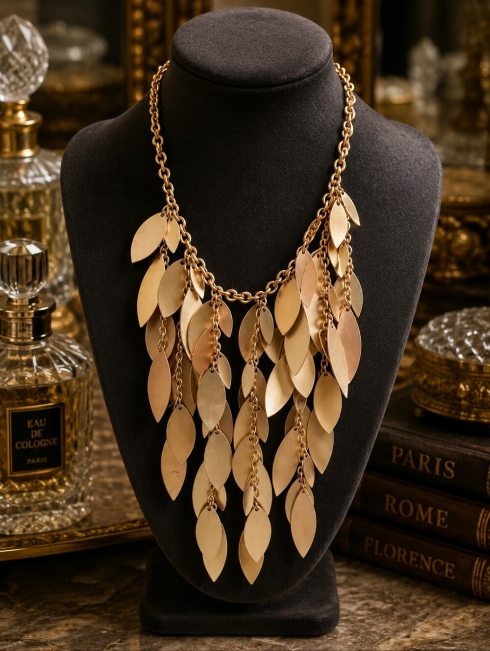 Vintage 80s Gold Tone Cascading Leaf Statement Bib Necklace Matte Leaf Fringe - Picture 2 of 6